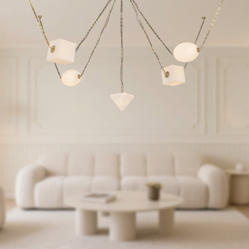 Mineral 5-Light Brass dimmable LED Chandelier, Opal Glass, Brass