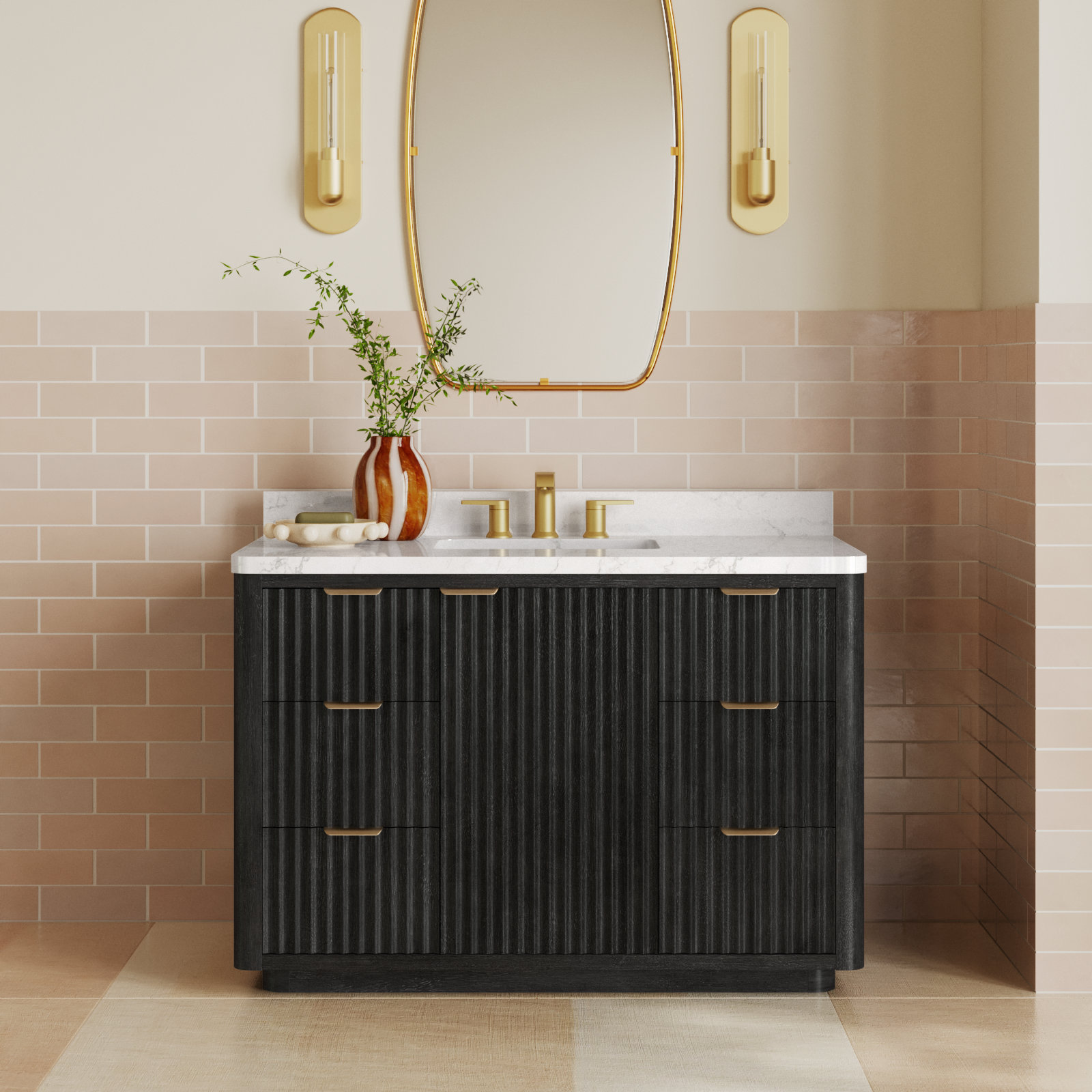 Adela 48'' Single Bathroom Vanity, Black, White, Gold