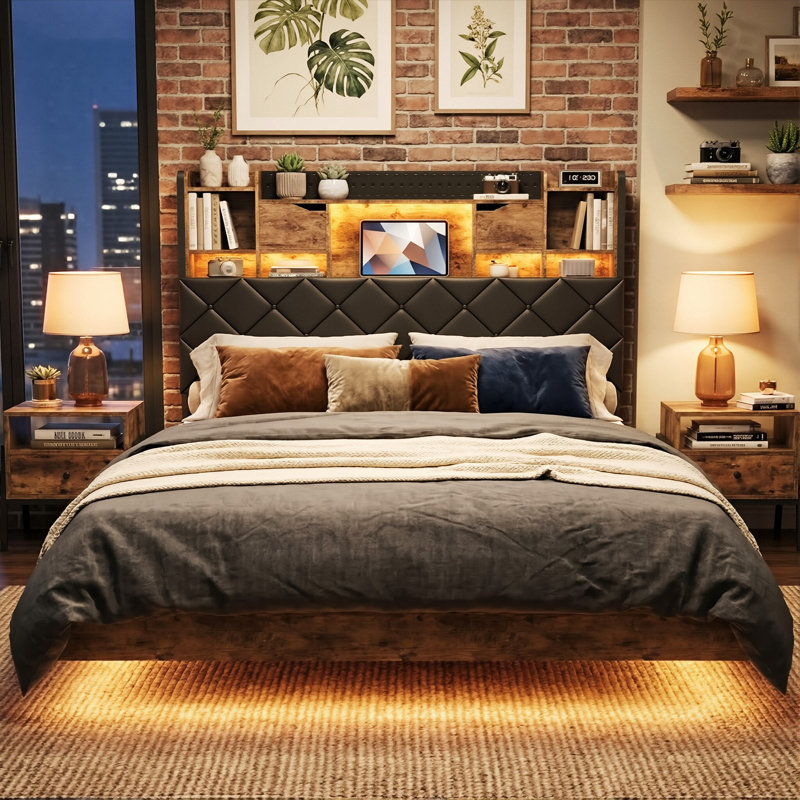 Floating Industrial Upholstered Storage Bed Frame With Charging Station, App Control LED & Hidden Headboard Compartment, 140X200cm Double / 160X200cm King