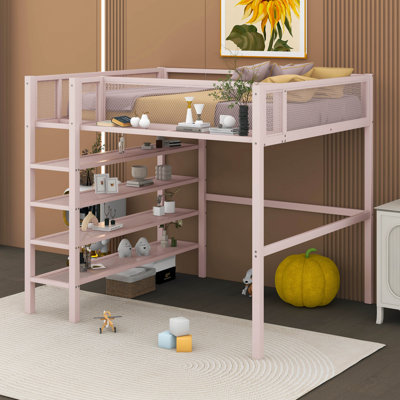 Metal Loft Bed with 4-Tier Shelves and Storage