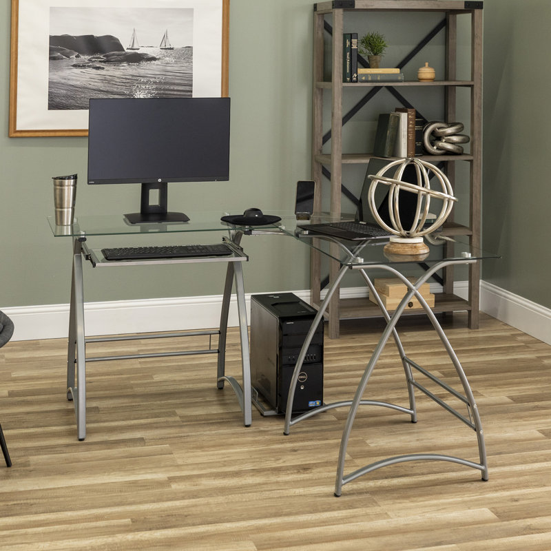 L-Shaped Glass Top Metal Base Computer Desk, Silver / Clear Glass
