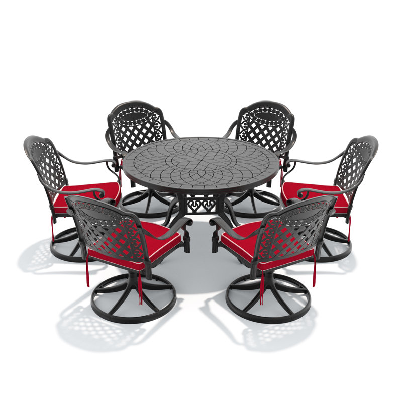 Ensemble de salle à manger de patio rond 7 pièces de 47,24 po avec 6 chaises pivotantes et coussins rouges, 6