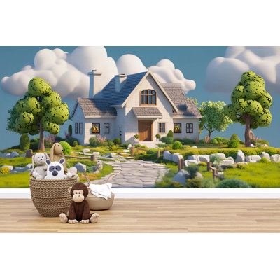 Cartoon Cottage Wallpaper – Whimsical Fairy Tale House, Cute 3D Landscape With Trees, Clouds, Ideal For Kids Room Or Nursery Wall Decor