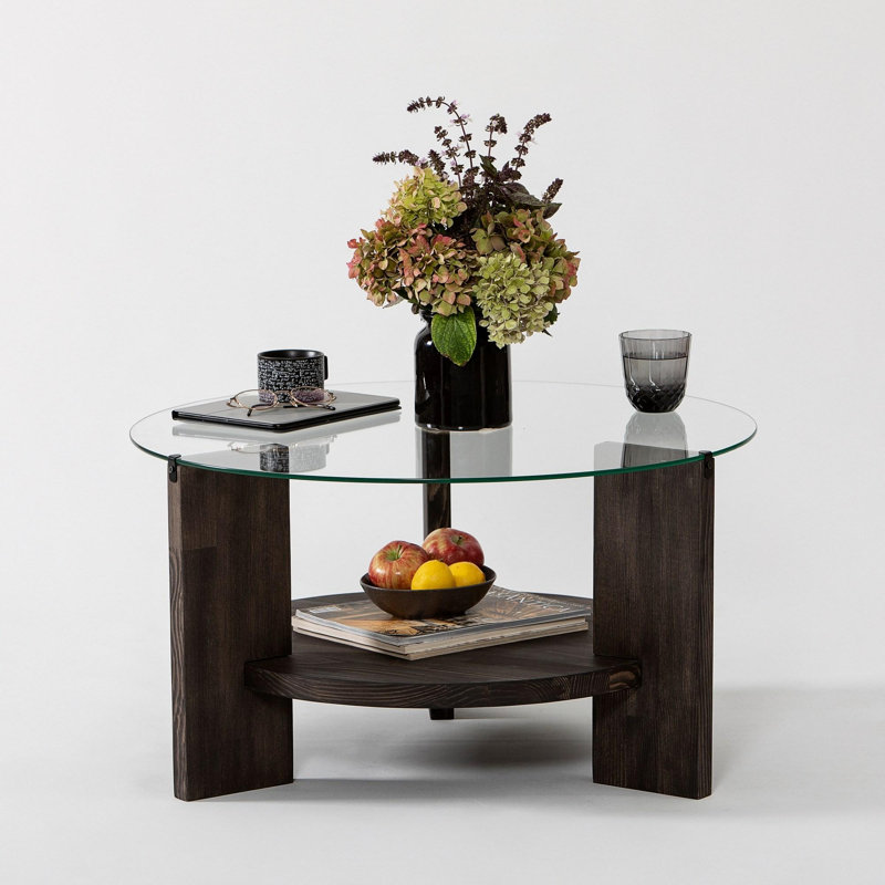 Table basse moderne avec plateau 100% verre trempé, couleur anthracite, 29,5 po x 15,7 po x 29,5 po | Structure robuste en bois massif de pin à 100% | Design industriel parfait pour le salon et les espaces contemporains