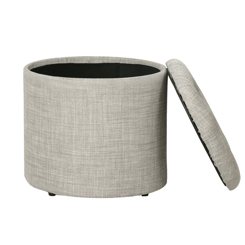 Round Tuffed Upholstered Storage Ottoman, Light Gray Linen