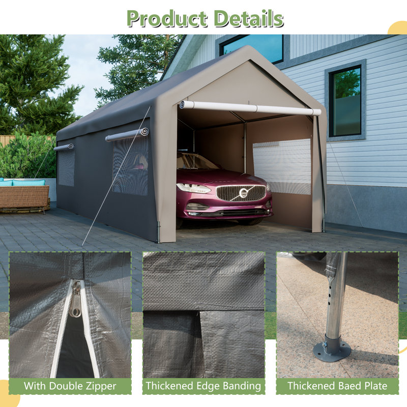 Gray 10' x 20' Portable Steel Carport with Windows