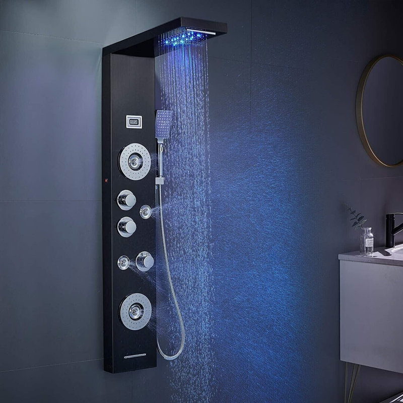 Panneau de douche à DEL avec système de jets de corps pour la pluie et la chute d'eau en acier inoxydable, Noir mat
