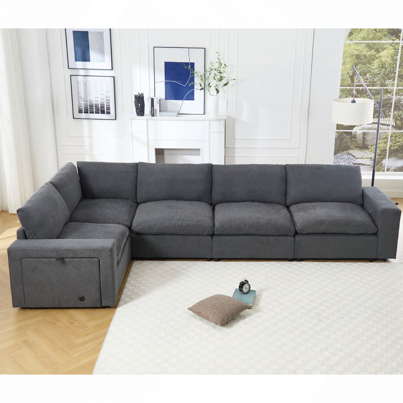 Canapés modulaires pour le salon, canapé modulaire, port de charge sans fil et porte-gobelets, 5 sièges, combinaison de bricolage, canapé en L, espace de rangement pour livres, tissu en lin doux, gris
