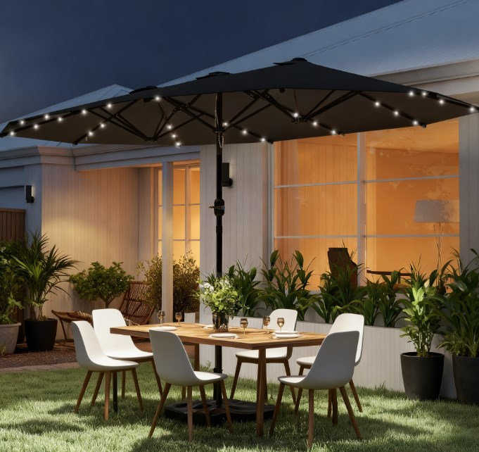 Parasol à double face facile à utiliser avec base, parasol de patio avec lumières solaires à DEL, parasol à double face Parasol