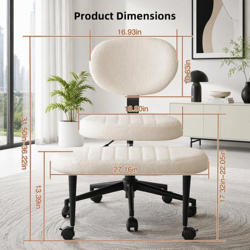 Chaise de bureau ergonomique à pieds croisés avec repose-pieds rotatif, Velours blanc