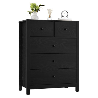 Spacious Storage Solution 5 Drawer Dresser - Modern Tall Chest for Bedroom, Deep Storage Drawers, Sturdy Wood Top, Metal Knobs, Organizer Cabinet - Dark Oak