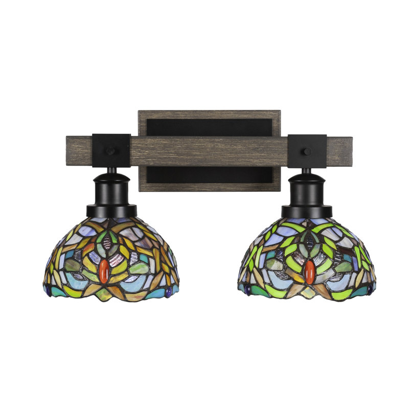 Salzman 2 Light Bath Bar Shown In Matte Black & Painted Distressed Wood-look Metal With 7” Kaleidoscope Art Glass