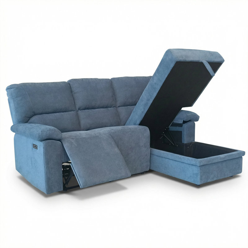 Right-facing Chaise Corner Sofa with Storage and Recliner Seat, 41" H x 80" W x 35" D, Blue
