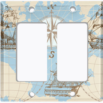 Metal Light Switch Plate Outlet Cover (World Sea Ship Globe Compass Ocean Blue - Single Toggle)
