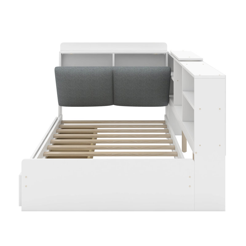 Lit plateforme simple avec tête de lit, tablettes et tiroirs de rangement, Blanc