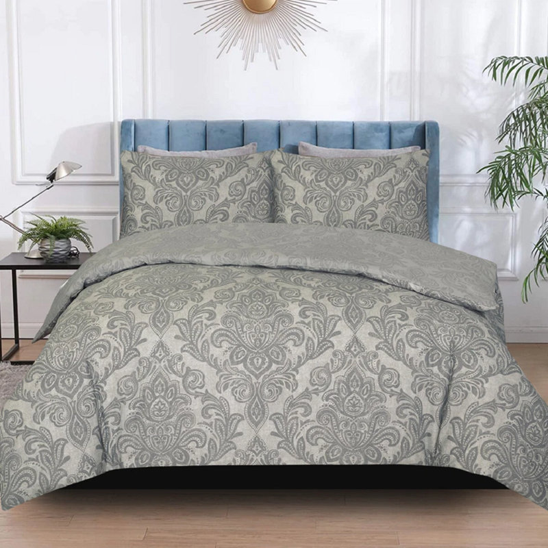 Cotton No Pattern Duvet Cover with Pillowcases, Grey Damask, Double Duvet Cover + 2 Standard Pillowcases