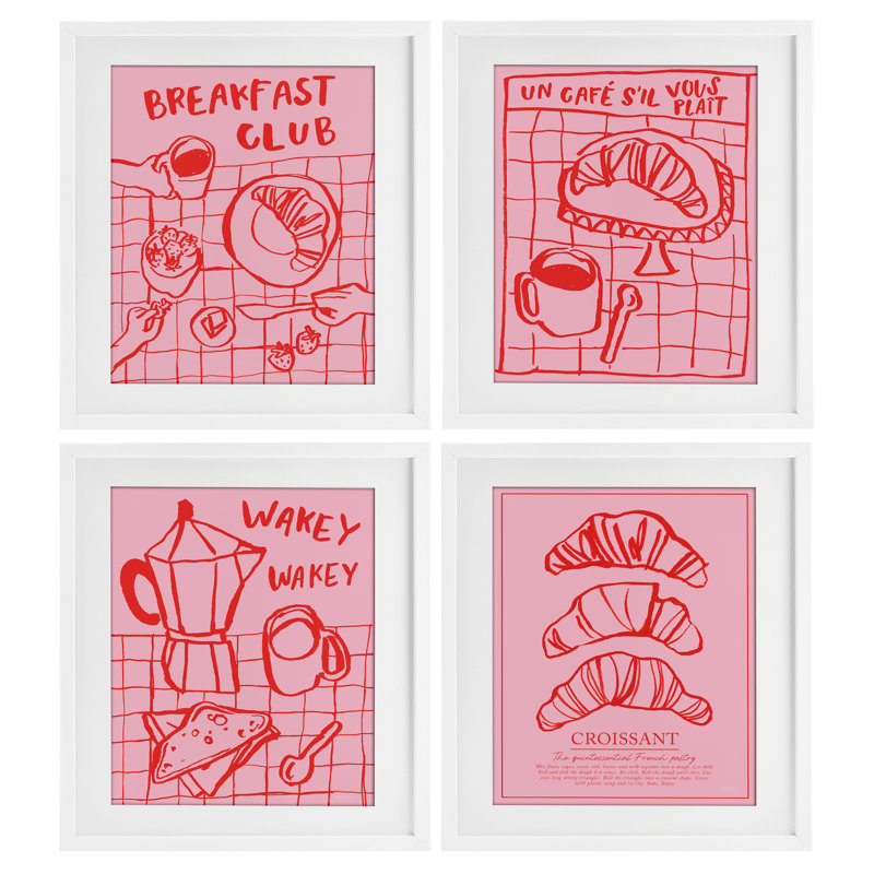 Ensemble de 4 impressions encadrées sous verre Pink Petit déjeuner Doodles, design par Jenaya Jackson, H 21 po x l 17 po