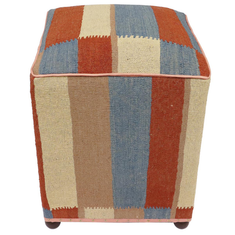 Aprea Upholstered Ottoman, Rust/Blue/Beige/Brown Wool