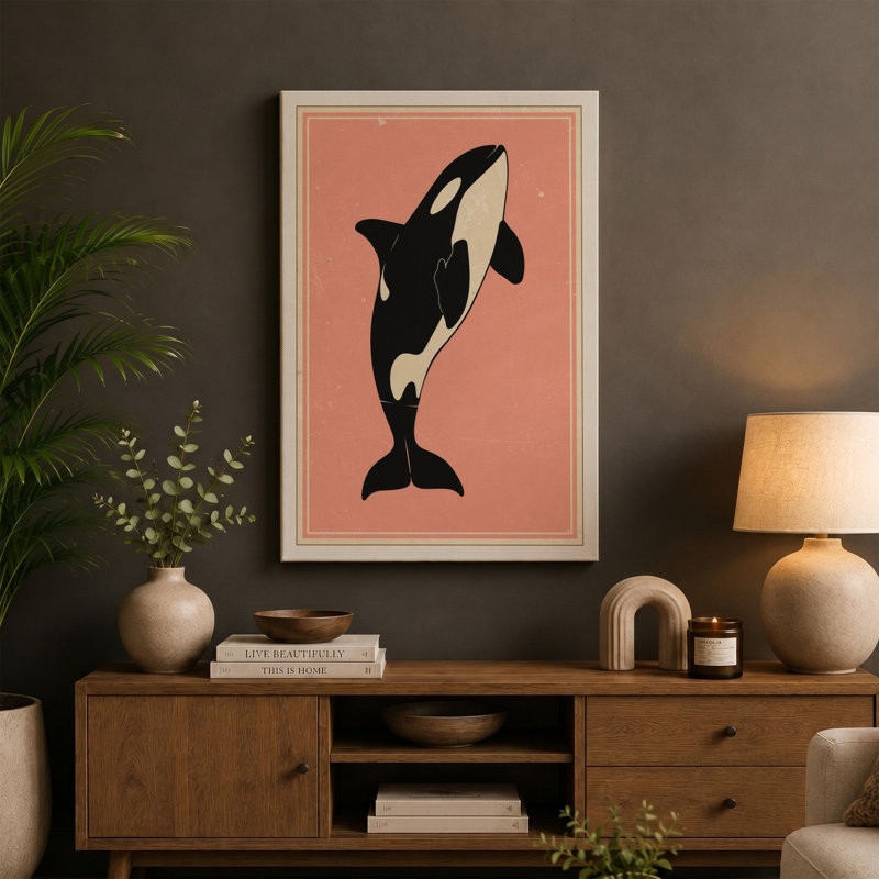 Leaping Orca Mid-Century - Wrapped Canvas, 18x12 - 45.7 x 30.5 cm, Teal Border