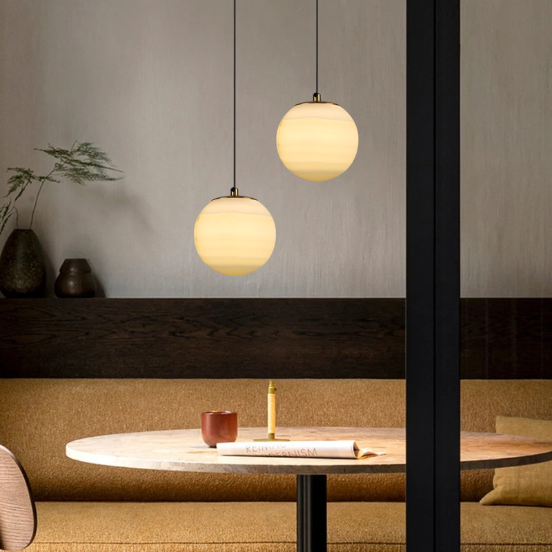 Modern Dia3.9" Mini Globe Brass Alabaster Kitchen Island Pendant Light Fixture Mid Century Marble Stone Pendant Light