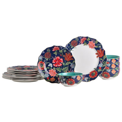 Service de table en porcelaine bleue 12 pièces 222 Fifth Chintz - Service pour 4, ensemble de 4 assiettes et bols
