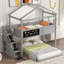 Structure de lit superposé en pin massif, gris neutre, conception simple au dessus d'une chambre double avec escalier de rangement et tableau noir pour chambre d'enfant