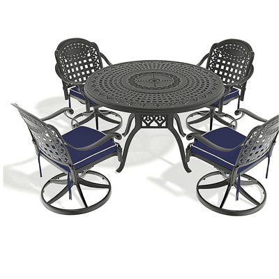 Ensemble de salle à manger 5 pièces en aluminium coulé résistant aux intempéries, comprenant 4 chaises pivotantes et une table ronde de 47,24 po avec structure noire (même SKU: W1710S00448)