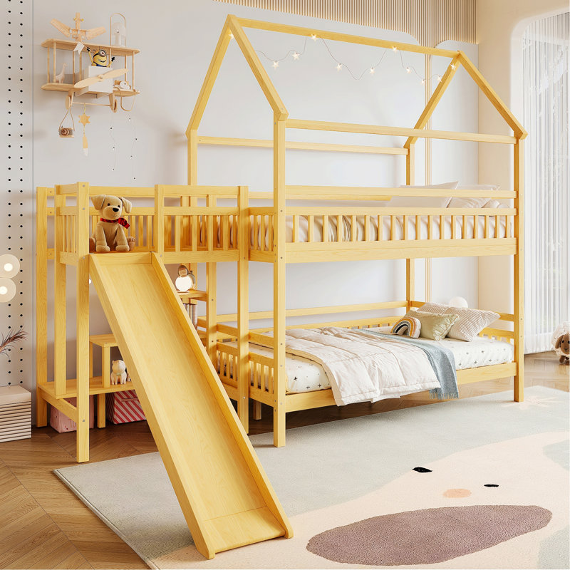 Cadre de chambre à coucher, lit superposé en forme de maison avec glissade, escalier de rangement, Double