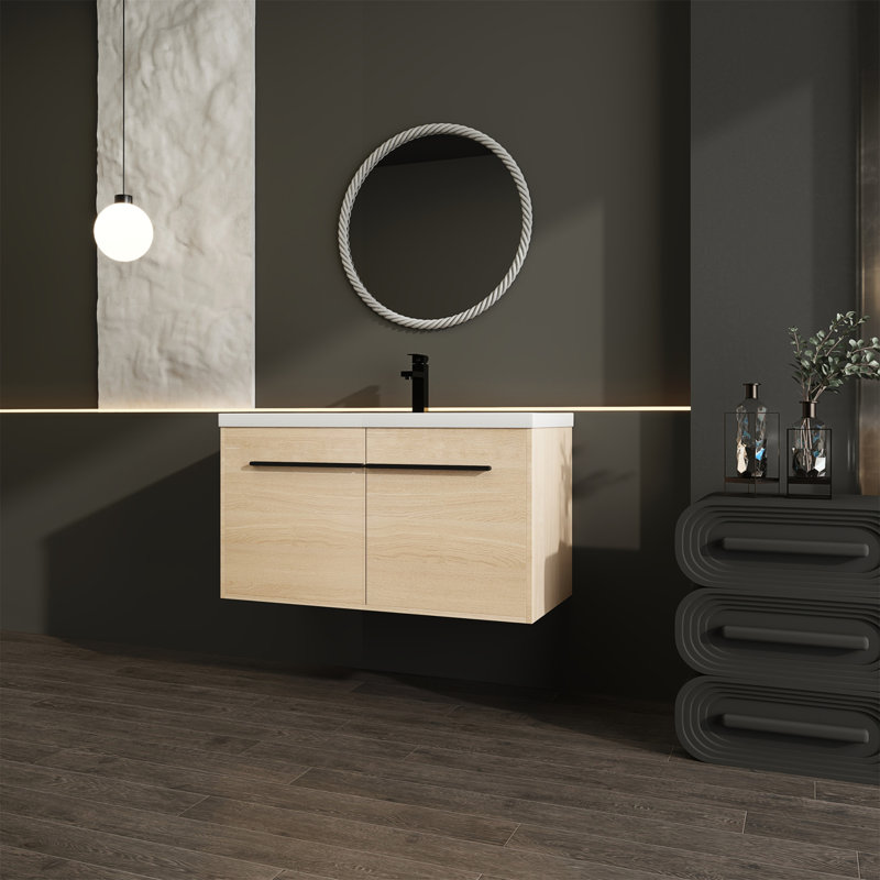 Ensemble de meuble-lavabo 36 po avec lavabo à poser en résine Jeni Oak, 2 portes