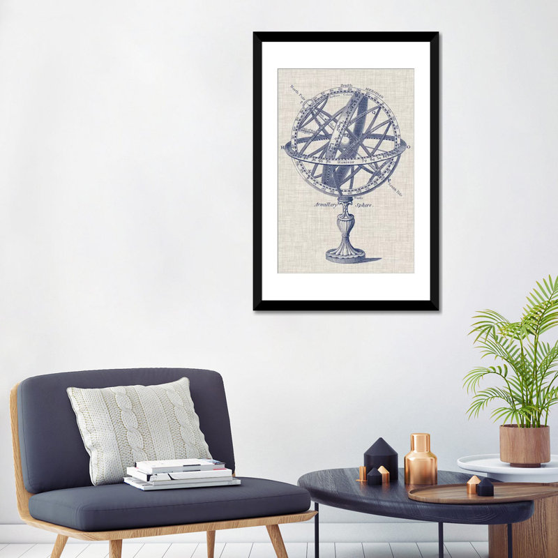 « armillary sphere on linen i », reproduction d’impression sur toile tendue, H 24 po x l 16 po x P 1 po, Blanc