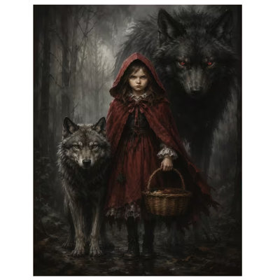 2D Flat, 1pc Wood Frame Home Mural Poster Decor, Retro Gothic Dark Style, Little Girl in Red and Big Bad Wolf, Fantasy Halloween Aesthetics.