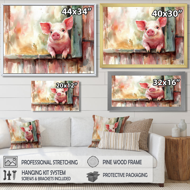«Cute Pig Portrait At The Barn I» - animaux, art mural, H 16 po x l 32 po, Cadre simple noir