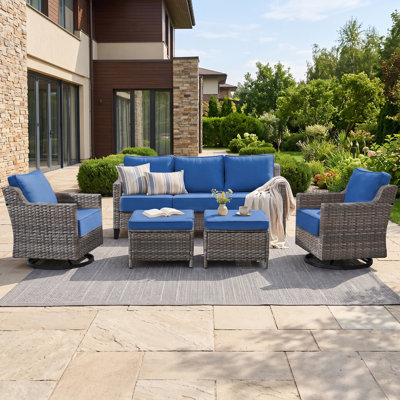 Ensemble de meubles de patio 5 pièces, canapé d'extérieur en osier avec chaises pivotantes et berçantes, coussins confortables, ensembles de conversation modernes en rotin à siège profond pour porche de terrasse, bleu