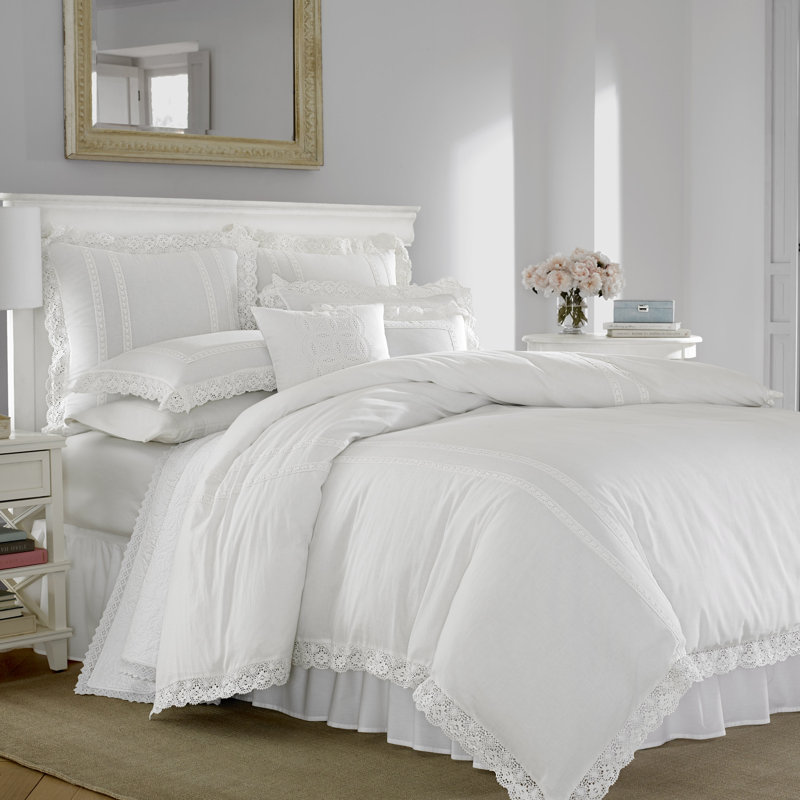 Laura Ashley Annabella Cotton Duvet Cover Set, Twin Duvet Cover + 1 Standard Sham, White