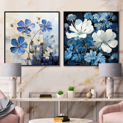 Minimalisme bleu et blanc fleurs de géraniums - ensemble de 2 géraniums carrés