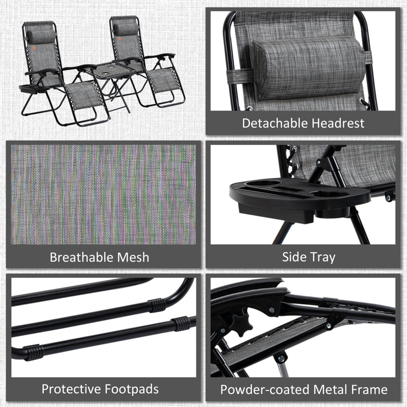Outsunny Gray Steel Zero Gravity Reclining Chair Set with Table