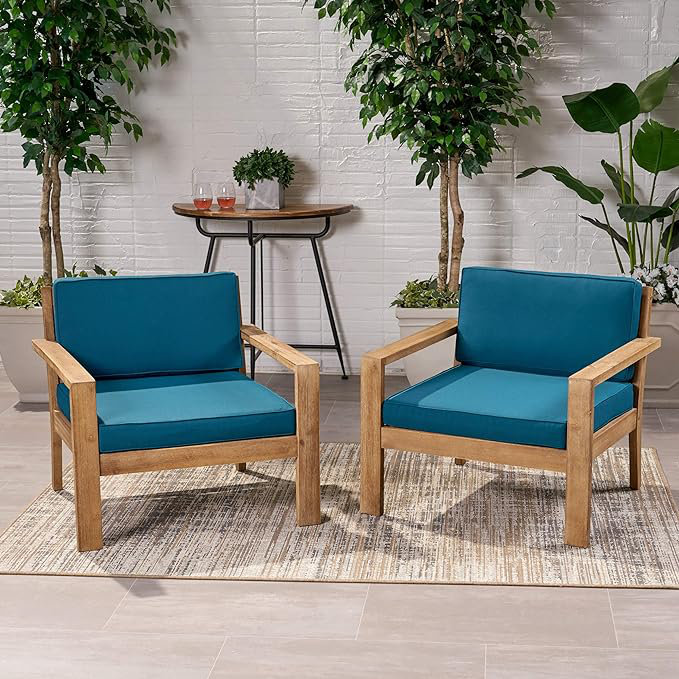 Ensemble de 2 fauteuils club d'extérieur avec structure en bois et coussins lumineux, sièges de patio pour balcon ou jardin