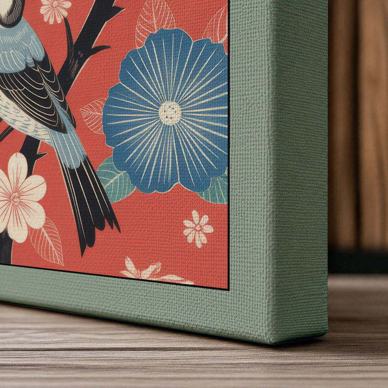 Puffins and Folk Flowers Boho - Wrapped Canvas, 36x24 - 91.4 x 61.0 cm, Sage Border