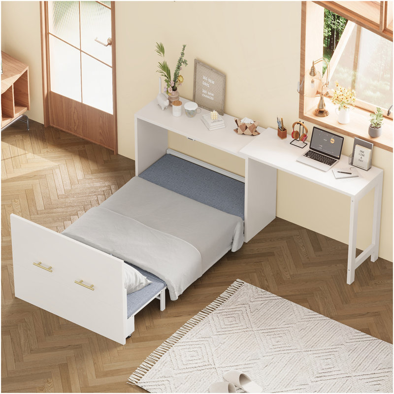 Lit simple escamotable avec commode à hauteur réglable, commode escamotable avec coussin pliable pour chambre d'amis, petit espace, blanc