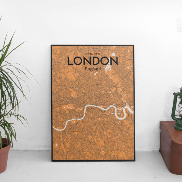 « london city map », reproduction d’impression sur affiche en orange, H 20 po x l 16 po