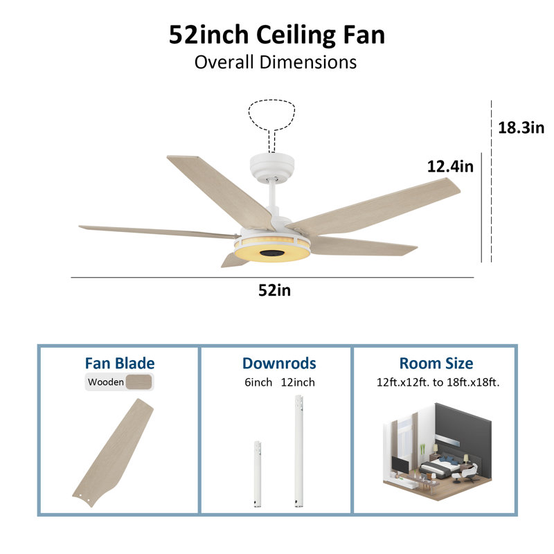 Ventilateur de plafond standard à DEL à 5 pales avec télécommande et ensemble d'éclairage inclus, Bois clair, Blanc