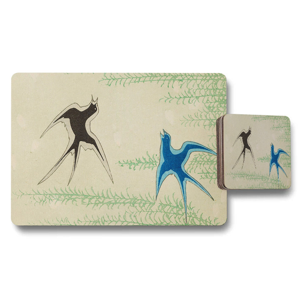 Placemat And Coaster Set With Modern Swallow Bird Artwork