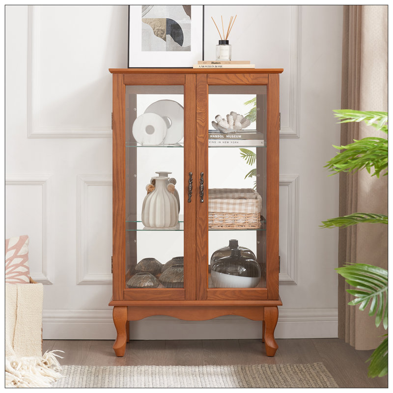 Elegant 2-Door Curio Cabinet With Tempered Glass Doors, Mirrored Back Panel, And Adjustable Shelves - Lighted Display Cabinet For Home And Office (Light Bulb Included) -OAK Finish
