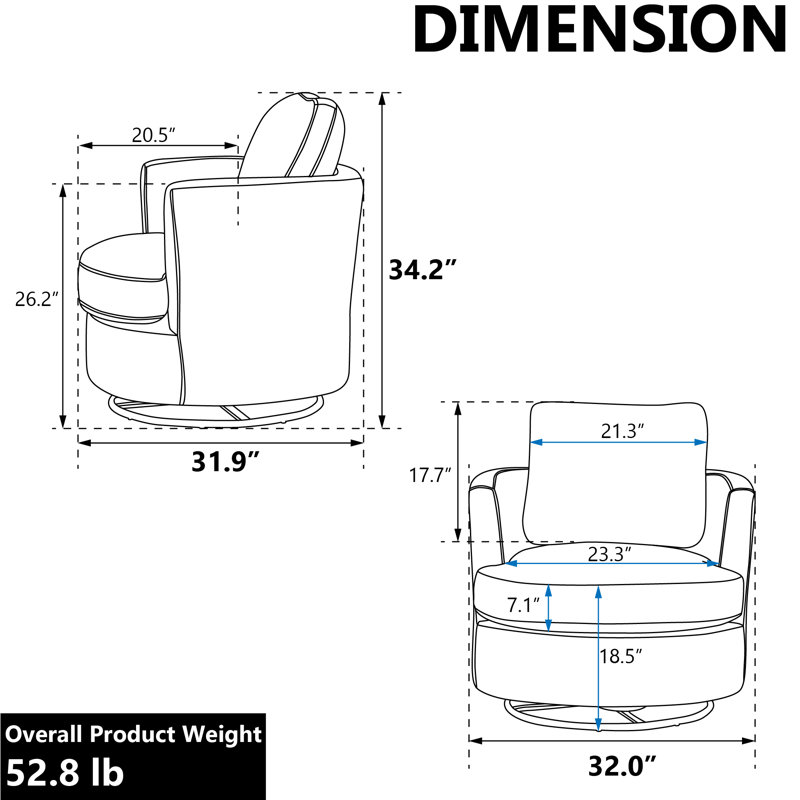 Fauteuil demi-tonneau pivotant avec revêtement Zarren, Chenille bleu clair