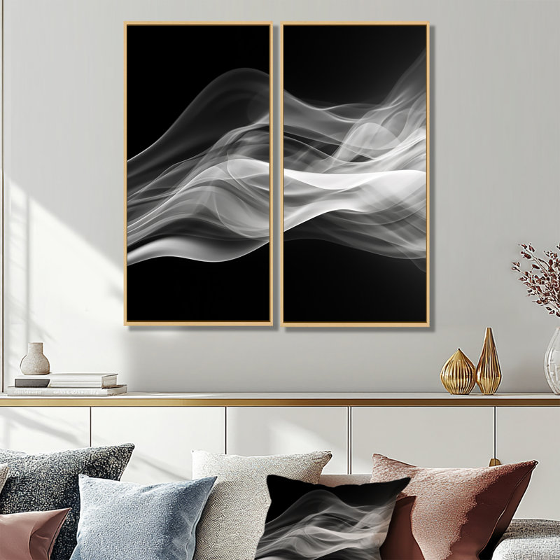 «Black White Contemplative Abstraction II», art mural moderne sur toile, 40" H x 40" W, Impression encadrée flottante, Cream