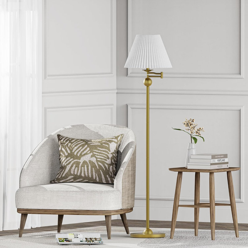 Lampe sur pied 64,25 pouces en métal blanc, doré style Mid-Century avec réglable