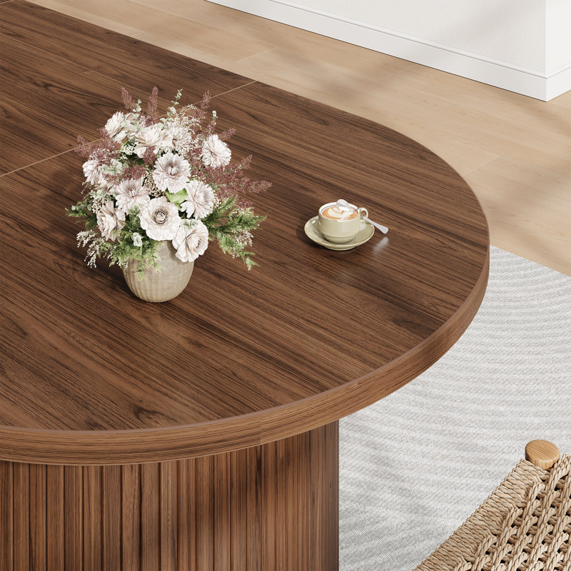 71" Oval Dining Table Kitchen Table With Tambour Double Pedestal Base, Walnut