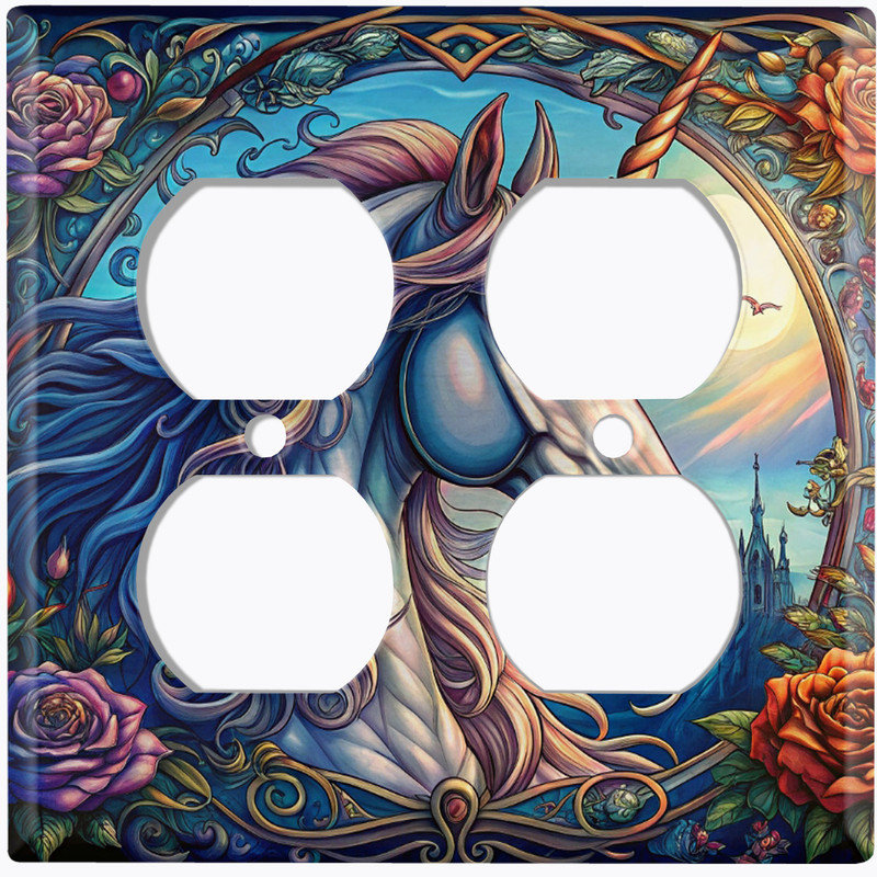 Couvercle de plaque d'interrupteur en métal; Rectangle 2 bandes US Standard - Majestic Unicorn, Prise double # 9