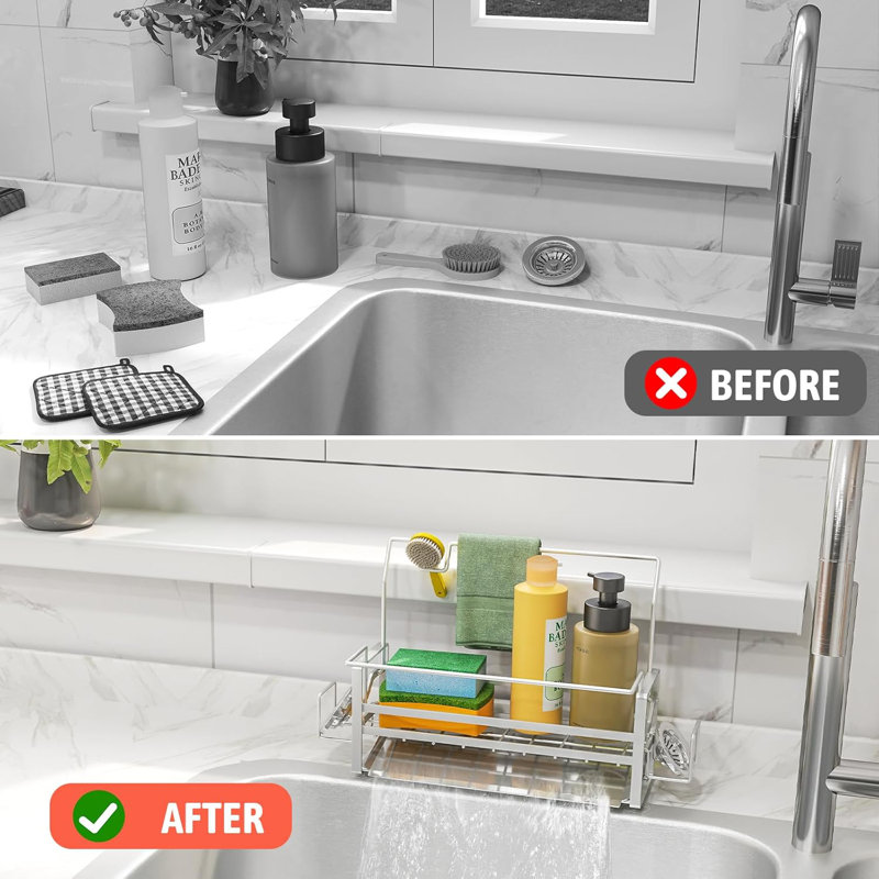 Porte-éponge en acier inoxydable pour évier de cuisine, organisateur de bac d'évier antirouille 304 avec drainage automatique, conception peu encombrante pour éponges, distributeur de savon, brosse et serviette (argent)