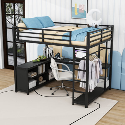 Metal Loft Bed With Wardrobe, L-Shaped Desk And Storage Shelves